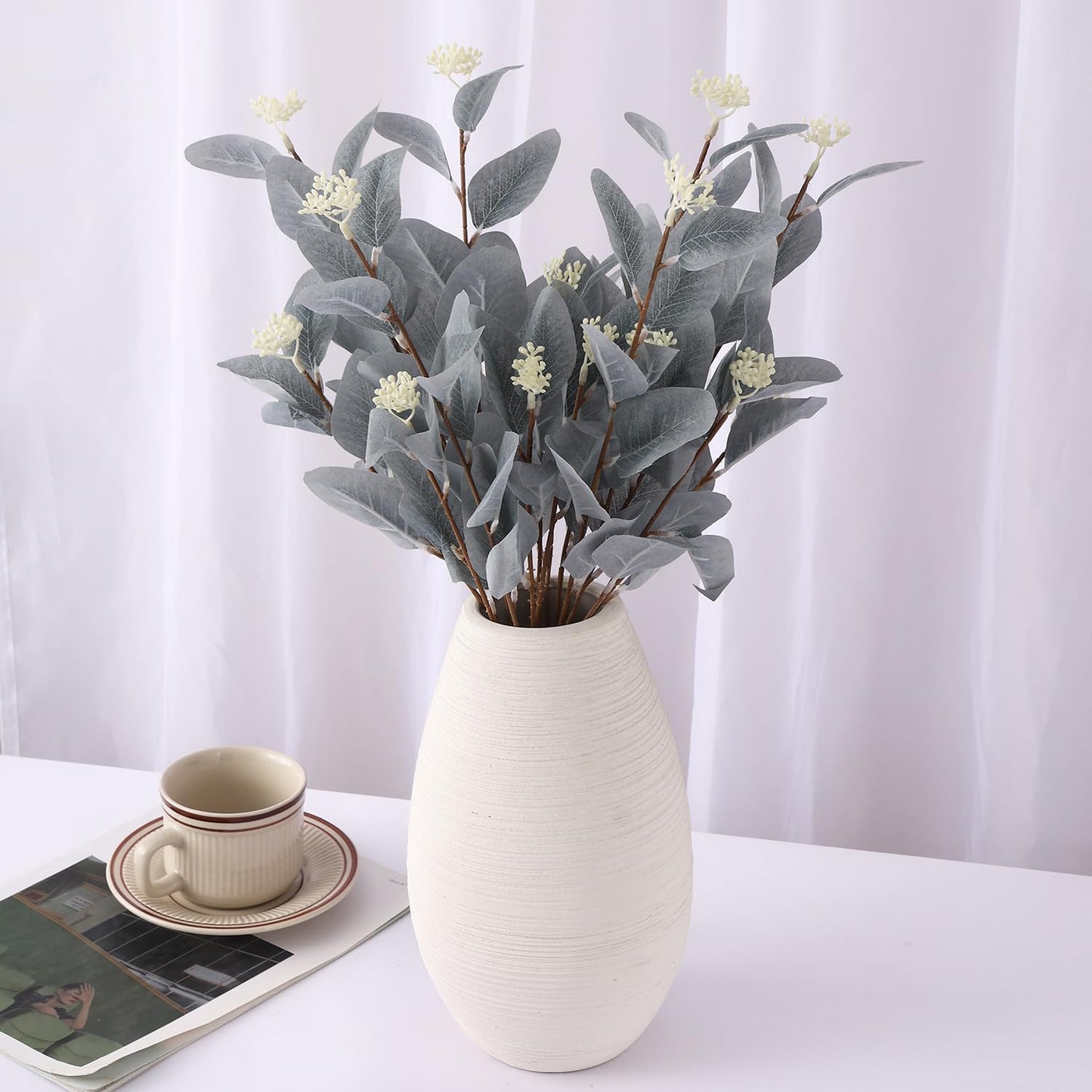 TIED RIBBONS Pack of 6 Artificial Eucalyptus Flowers Bunches for Vase Pot Home Decoration (Green) for Home Decor Living Room, Diwali Decoration Items for Home, Diwali Gifts (Vase not Included)