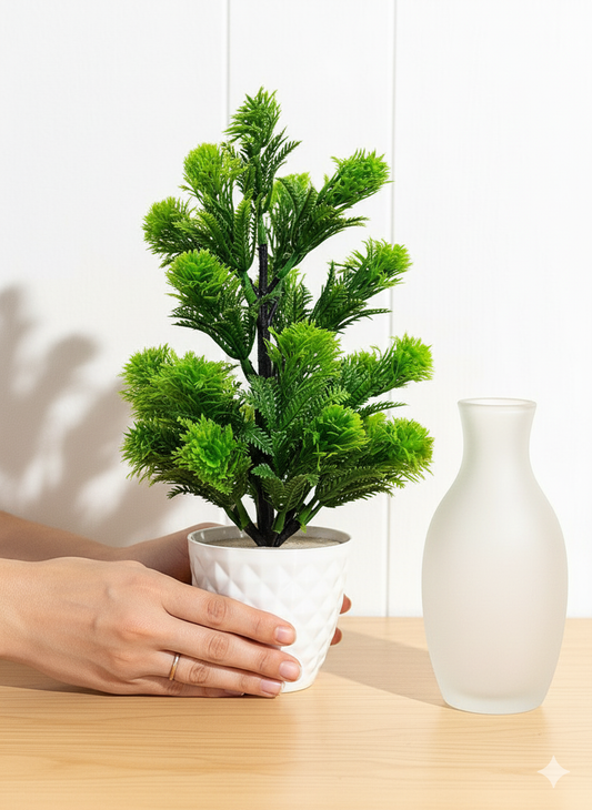 Green Pine Artificial Flowers with Pot for Home, Desk & Living Room Décor