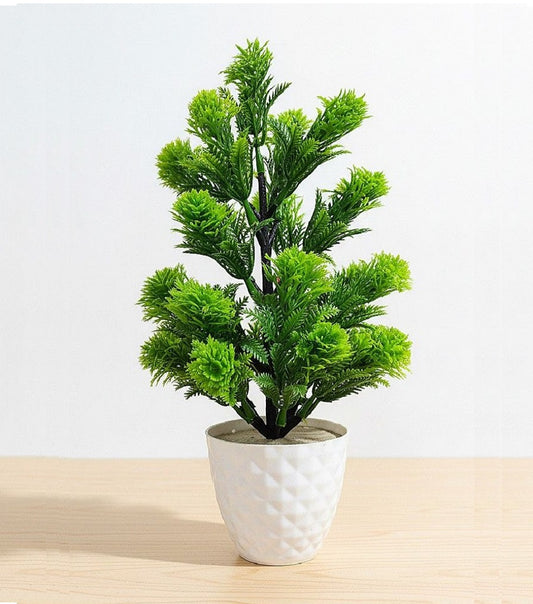 Green Pine Artificial Flowers with Pot for Home, Desk & Living Room Décor