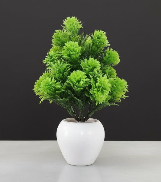 Premium Artificial Green Flower with White Pot – High-Quality Leaves