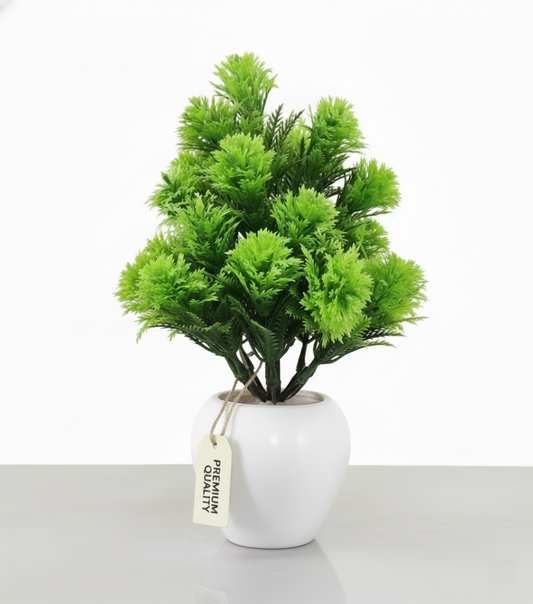 Premium Artificial Green Flower with White Pot – High-Quality Leaves