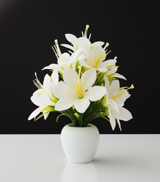 White Lily Artificial Flowers with Pot for Home Decoration - Click Bazaar India