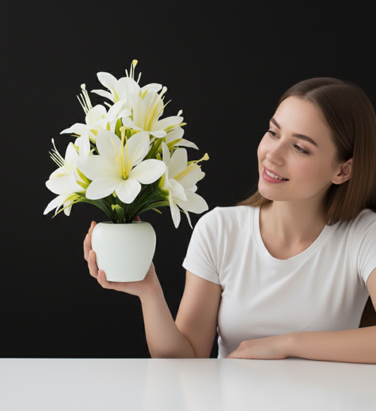 White Lily Artificial Flowers with Pot for Home Decoration - Click Bazaar India